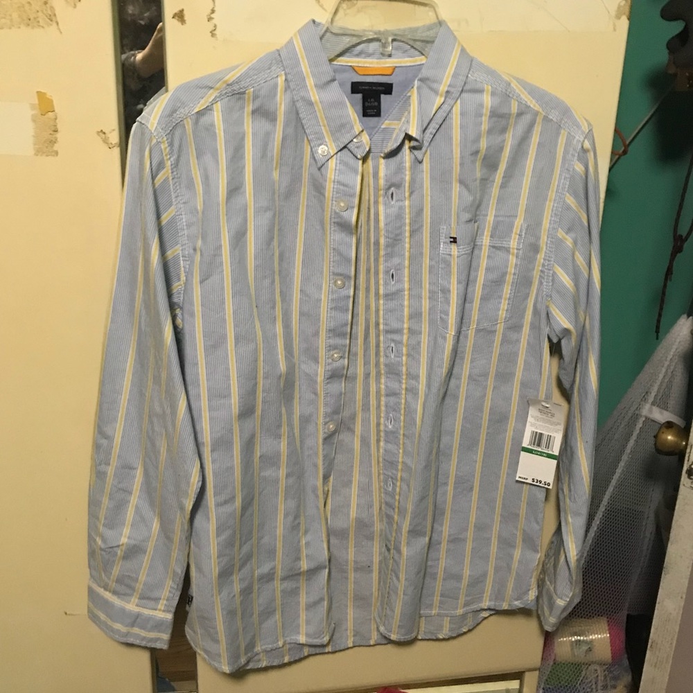 Blue and yellow striped button down shirt
